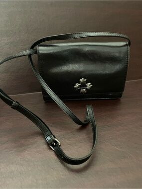 Patricia Nash Classic Black Leather Crossbody with Silver Floral Emblem